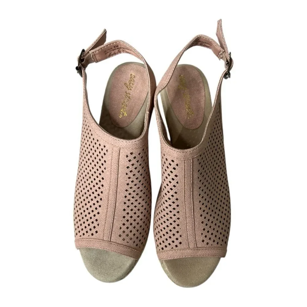 Easy Street Comfortable Pink Peep-Toe Laser Cut Sandals Wedge Espadrille Sz‎ 8